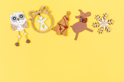 Top view Christmas toys and decorations on colorful background. New Year holiday concept with copy space photo