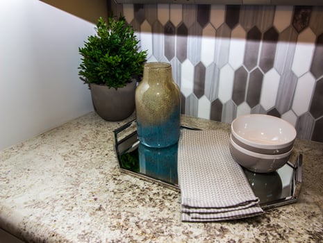 Modern Kitchen Counter With Metal Serving Tray photo