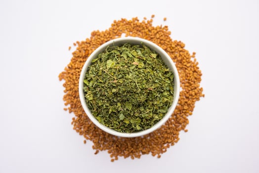 Kasuri Methi or Kasoori Methi or dried fenugreek leaves also known as Trigonella Foenum Graecum photo