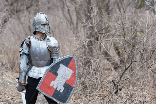 Noble warrior. Portrait of one medeival warrior or knight in armor and helmet with shield and sword posing photo