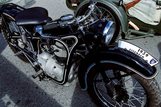 Old Tricar, Three-Wheeled Gray Motorcycle With A Sidecar Of German Forces photo