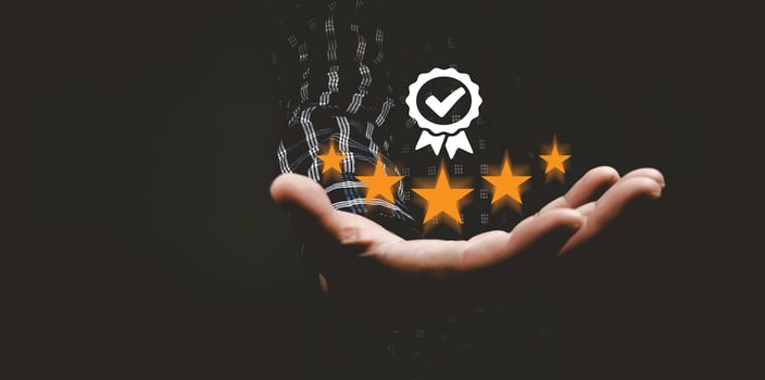 Customer Satisfaction Concept Give five stars the positive emotion smiley face icon and five stars with copy space. photo