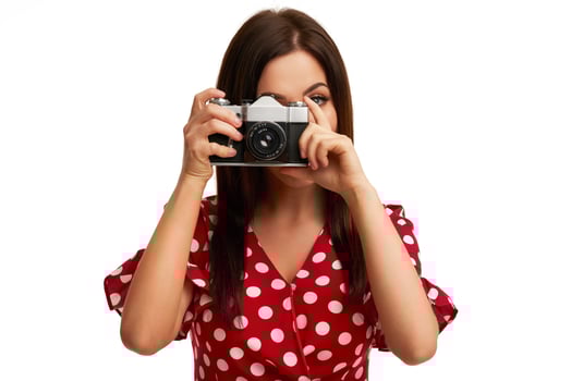 Caucasian brunette woman having fun and smiling isolated over white background photo