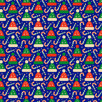 Seamless Christmas pattern with winter Hats and candy canes photo