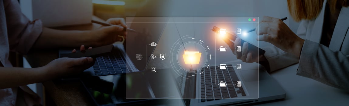 Document management system concept, business man holding folder and document icon software, searching and managing files online document database, for efficient archiving and company data. photo