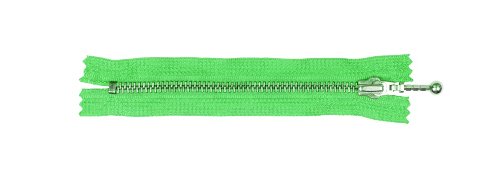 green zipper isolated on white. top view photo