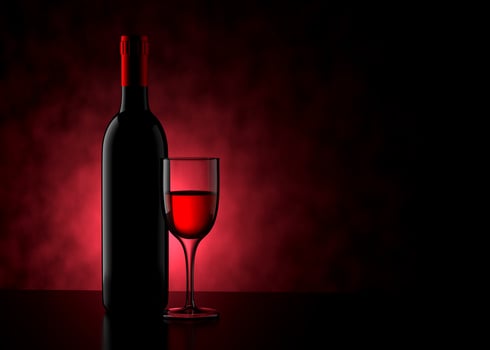 Bottle and Red Wine Glass with Textured Background - 3D Illustration photo