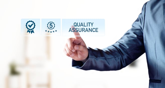 Quality Assurance Concept. Business people show high quality assurance mark, good service, premium, five stars, premium service assurance, excellence service, high quality, business excellence. photo