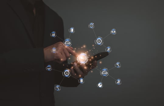 Digital transformation technology strategy. IoT, internet of things. Cloud computing. Future data transfer. Technology hologram visual screen. business strategy on Internet network. AI planning. photo
