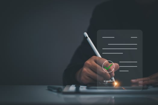 Electronic signature business concept. Manager is electronic sign an agreement, business investment approved, executing plan, project approved. digital signature. electronic document, digital business photo