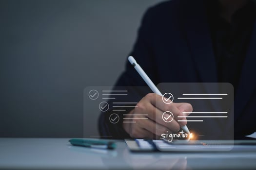 Electronic signature business concept. Manager is electronic sign an agreement, business investment approved, executing plan, project approved. digital signature. electronic document, digital business photo