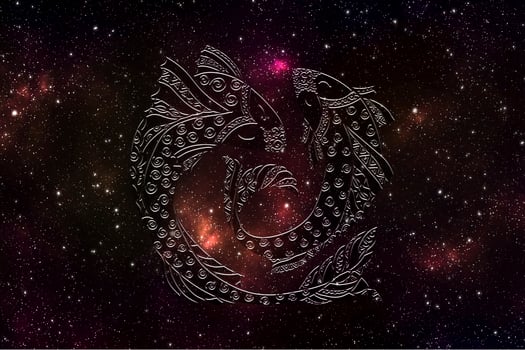 pisces horoscope sign in twelve zodiac with galaxy stars background, graphic of polygon man thinking photo