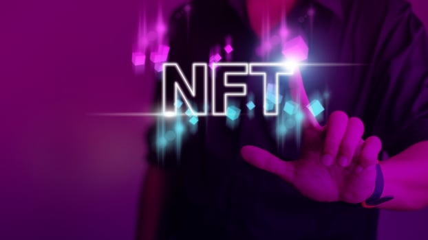 businessman finger touch virtual screen, NFT token digital crypto art blockchain technology concept photo