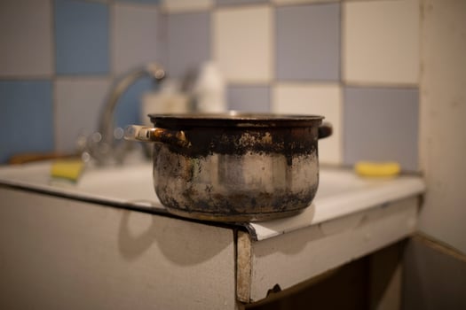 Old pan on sink. Dishes in kitchen. Old kitchen in house. photo