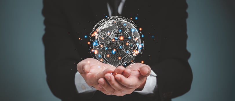 Businessman holding Global network connection. Digital Future communication global network technology concept. photo