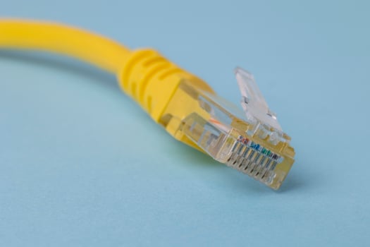 Closeup of yellow patch cord in blue background photo