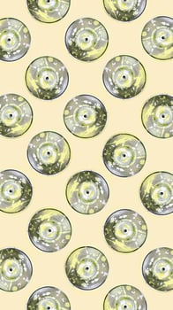 Many used spray cans for graffiti drawing lies on a pastel colored backgroung. Street art painting concept. Minimal flat lay pattern. Top view photo