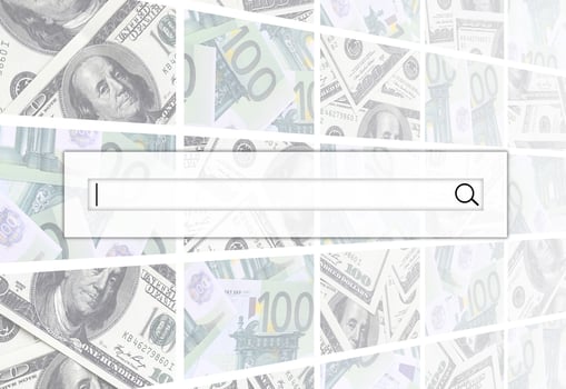 The search string is located on top of collage of many images of euro banknotes in denominations of 100 and 500 euros lying in the heap photo