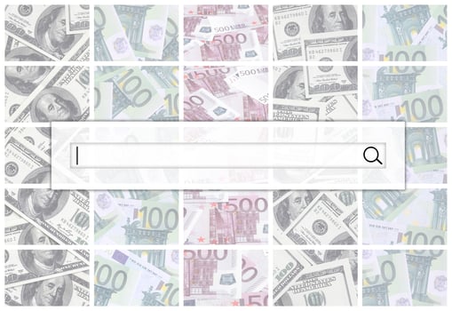 The search string is located on top of collage of many images of euro banknotes in denominations of 100 and 500 euros lying in the heap photo