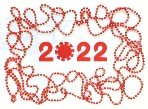 Red felt numbers 2022 on white background. Zero in the form of a covid virus. Red beads around. Flat lay for Christmas, or year review. photo