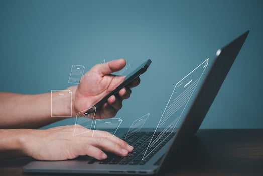 Document management system concept, business man using computer online holding folder and document icon software, searching and managing files online document database, for efficient archiving. photo