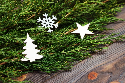 Black wooden christmas background. twigs of thuja. Original, fresh floral design for xmas card. empty space for holiday greetings photo