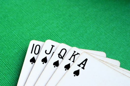 Old playing cards on a green background. Royal flush card combination. Copy space for text. Gambling concept. Poker cards. photo