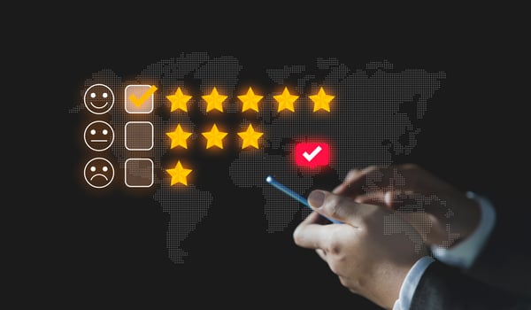 Businessman give rating to service experience, User Experience concept, Customer review satisfaction feedback survey, Customer giving a Five Star to business ranking photo