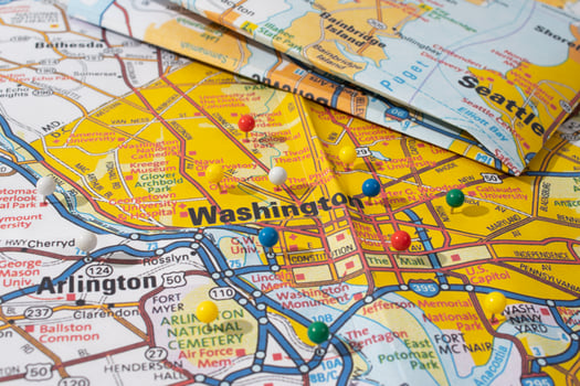 location Washington, push pin on map closeup photo