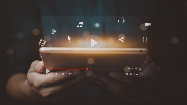 Cyberspace social network internet online digital technology multimedia streaming and listening music or education icon virtual screen concept. photo