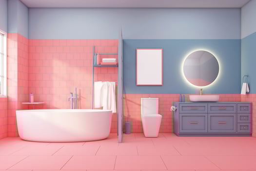 Colorful bathroom with decoration on living coral color tile and light blue wall. 3d rendering photo