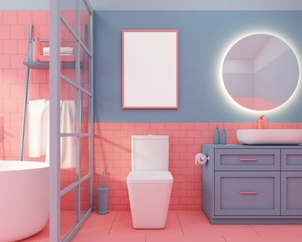 Colorful bathroom with decoration on living coral color tile and light blue wall. 3d rendering photo