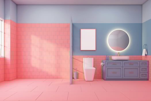 Colorful bathroom with decoration on living coral color tile and empty space. 3d rendering photo