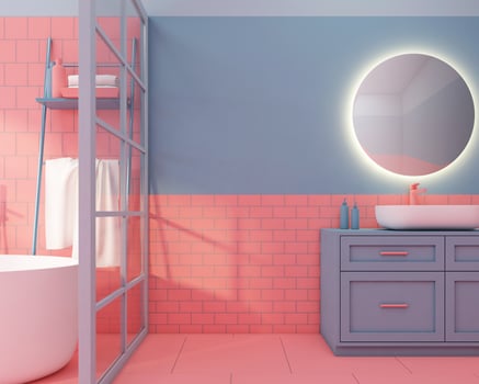 Colorful bathroom with decoration on living coral color tile and empty space. 3d rendering photo