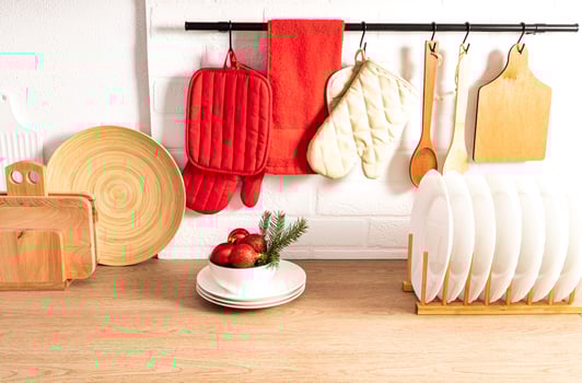 stylish modern kitchen background on Christmas Eve. Eco-friendly kitchen items and holiday decorations. front view. photo