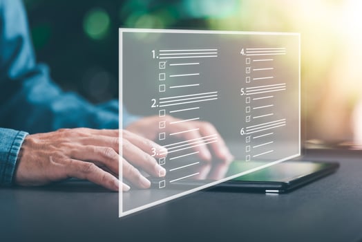 Businessman making a check mark on a virtual screen, online exam concept, choosing the correct answer in the exam, providing information in the assessment of the questionnaire, expressing opinions. photo