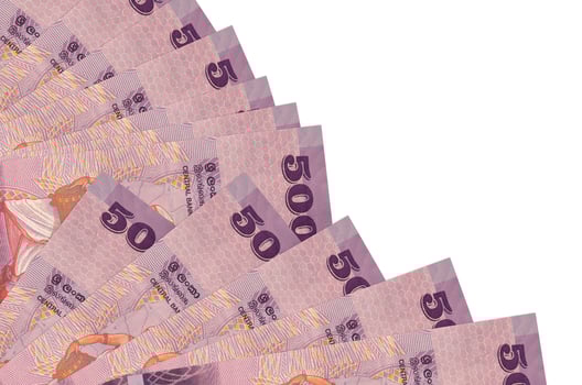 500 Sri Lankan rupees bills lies isolated on white background with copy space stacked in fan close up photo