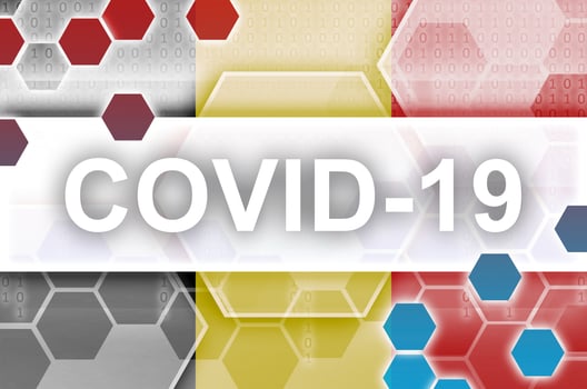 Belgium flag and futuristic digital abstract composition with Covid-19 inscription. Coronavirus outbreak concept photo