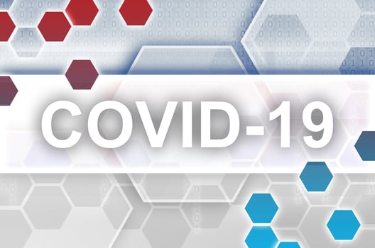 Estonia flag and futuristic digital abstract composition with Covid-19 inscription. Coronavirus outbreak concept photo