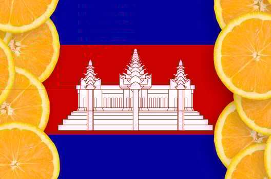 Cambodia flag in citrus fruit slices vertical frame photo