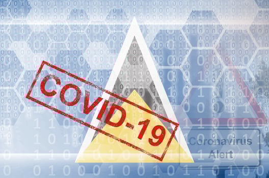 Saint Lucia flag and futuristic digital abstract composition with Covid-19 stamp. Coronavirus outbreak concept photo