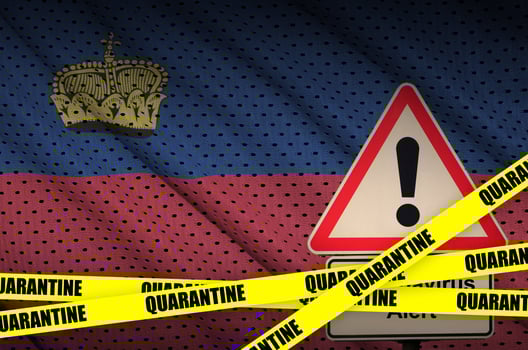 Liechtenstein flag and Covid-19 quarantine yellow tape. Coronavirus or 2019-nCov virus photo
