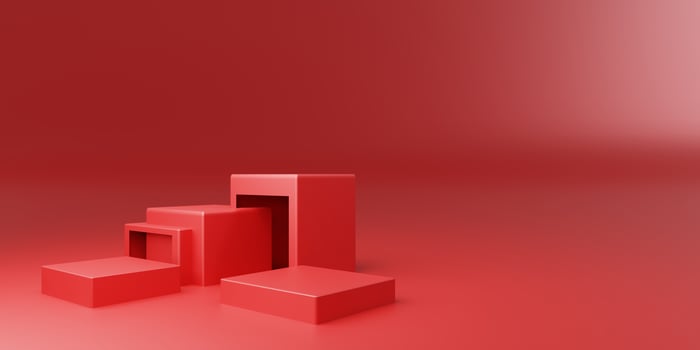 3d rendering of red abstract geometric background. New year concept. Scene for advertising, technology, showcase, banner, cosmetic, fashion, business, metaverse. Christmas Illustration.Product display photo