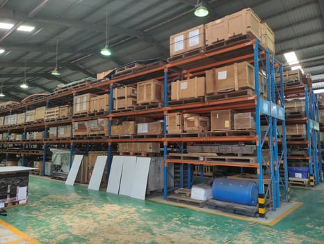 Modern warehouse storage interior retail store with pallet truck near the shelf photo