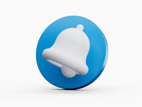 3D Bell notification with Blue bubble. Cartoon creative design icon isolated on white background. 3D illustration photo