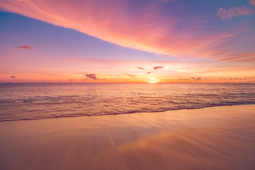 Majestic closeup view of calm sea water waves with orange sunrise sunset sunlight. Tropical island beach landscape, exotic shore coast. Summer vacation, holiday amazing nature scenic. Relax paradise photo