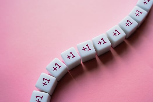 Chain of blocks with plus one to the sum. Addendum. Gradual growth. Attract more followers. Heading for success. Consistency and regularity. A series. Accumulation, arithmetic progression. photo
