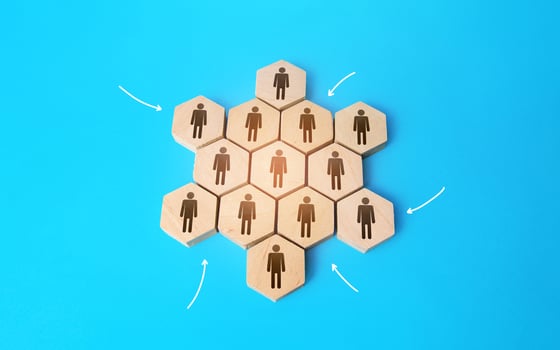 People gather in a group and form a topology snowflake shape. Self-organization and autonomy of teams. Business management. Organization. Team building teamwork. Hierarchical structure photo