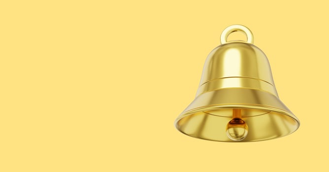Bell metal gold, notification symbol. 3D rendering. Icon on yellow background, space for text. photo