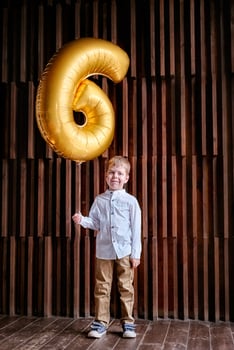 birthday boy in a photo studio with a ball number 6. boy at the birthday party. decoration with balloons. smart boy at a party